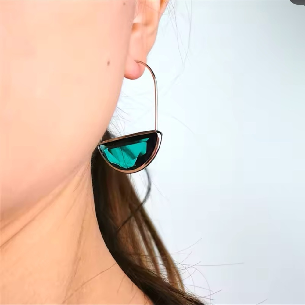 Anthropologie Gold Hoop Emerald Green Semicircle Drop Earrings - Picture 10 of 12